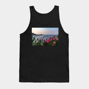 Pink Nerium oleander flowers with Malta Bay in the background Tank Top